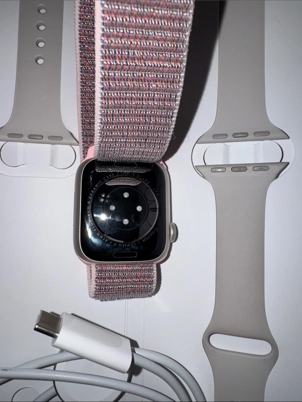 Series 7 - 41 MM Apple Watch with Mauve Pink Nylon Loop & Light Beige Spare Band